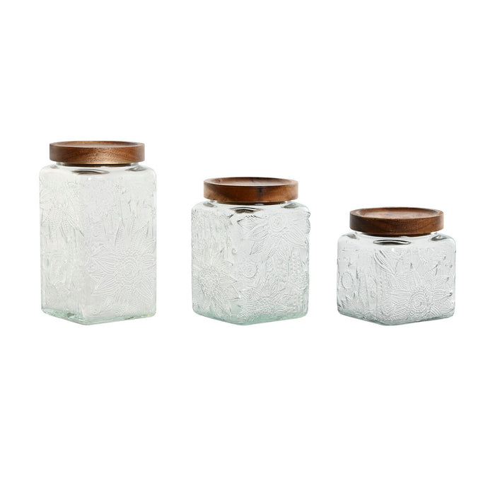 Set de 3 Botes Home ESPRIT Natural Cristal Acacia 500 ml 750 ml 1 L 9,5 x 9,5 x 17,5 cm