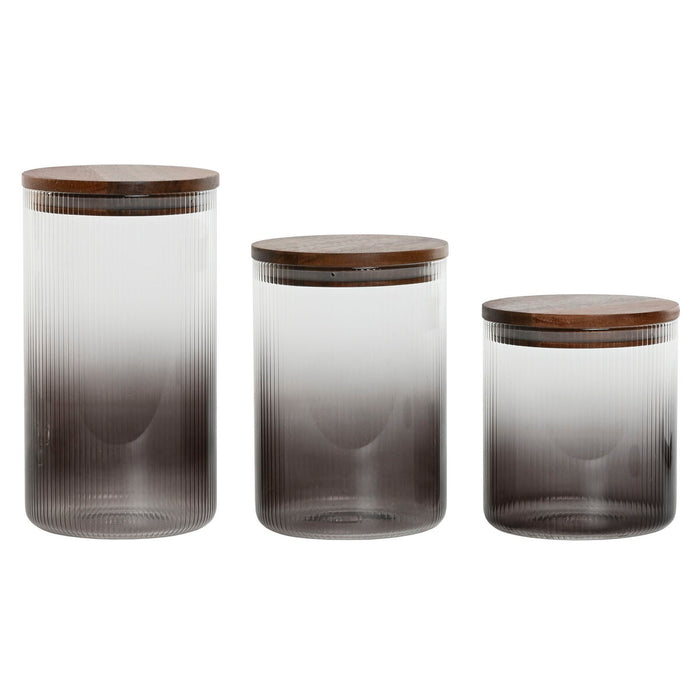 Set de 3 Botes Home ESPRIT Gris Natural Acacia Vidrio de Borosilicato 900 ml 1,5 L 1,2 L 3 Piezas