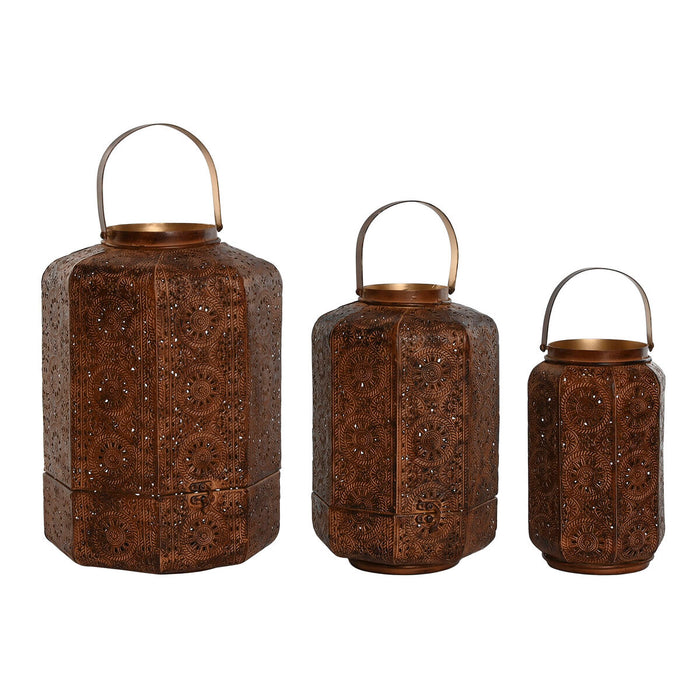 Set de Portavelas Home ESPRIT Marrón Dorado Metal 26 x 26 x 38,5 cm