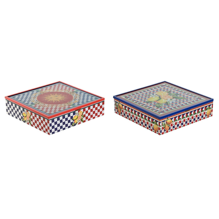 Caja para Infusiones Home ESPRIT Azul Rojo Multicolor Metal Cristal Madera MDF 24 x 24 x 6,5 cm (2 Unidades)