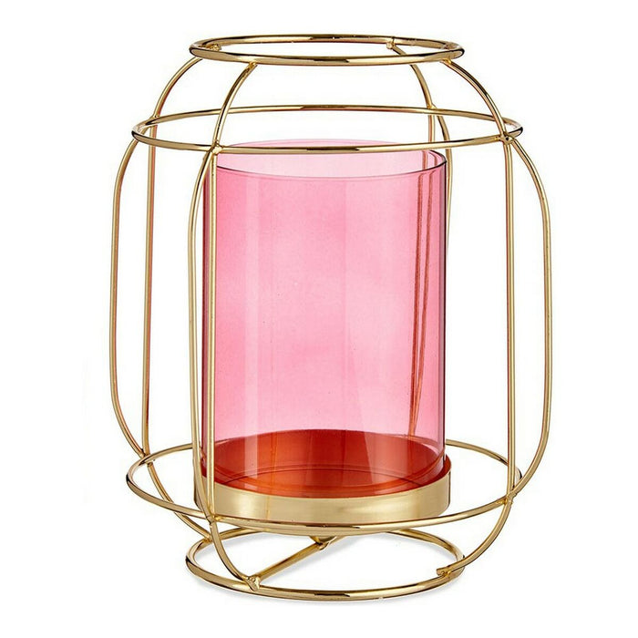 Portavelas Rosa Dorado Farol Metal Vidrio (19 x 20 x 19 cm)