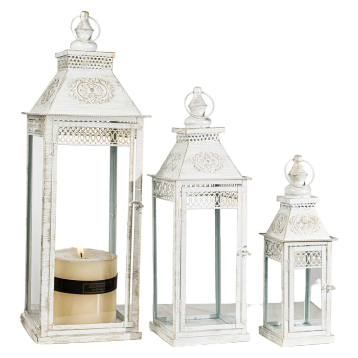 Lantern set Romimex White Metal Glass 23 x 68 x 23 cm 3 Pieces